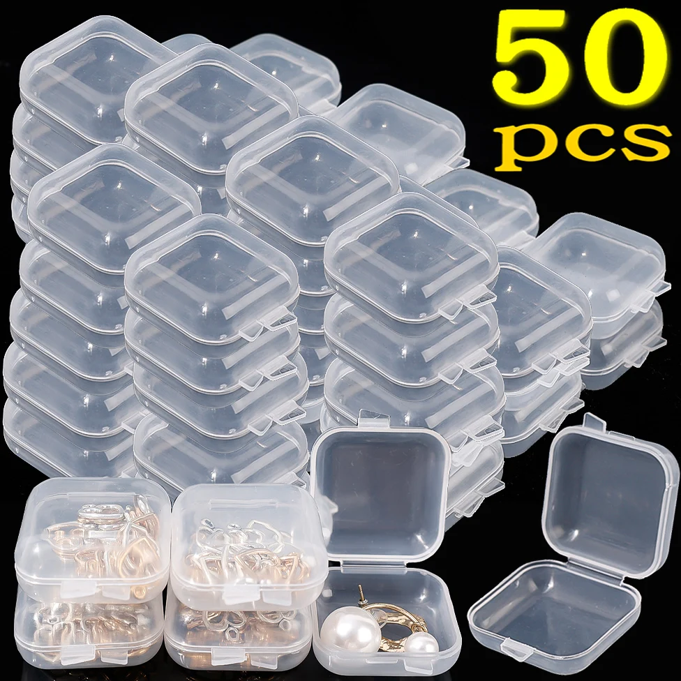 Square 3.5cm Mini Clear Plastic Storage Box Container with Hinged Lid Boxes for Earrings Ring Tiny Jeweley Beads DIY Button Case