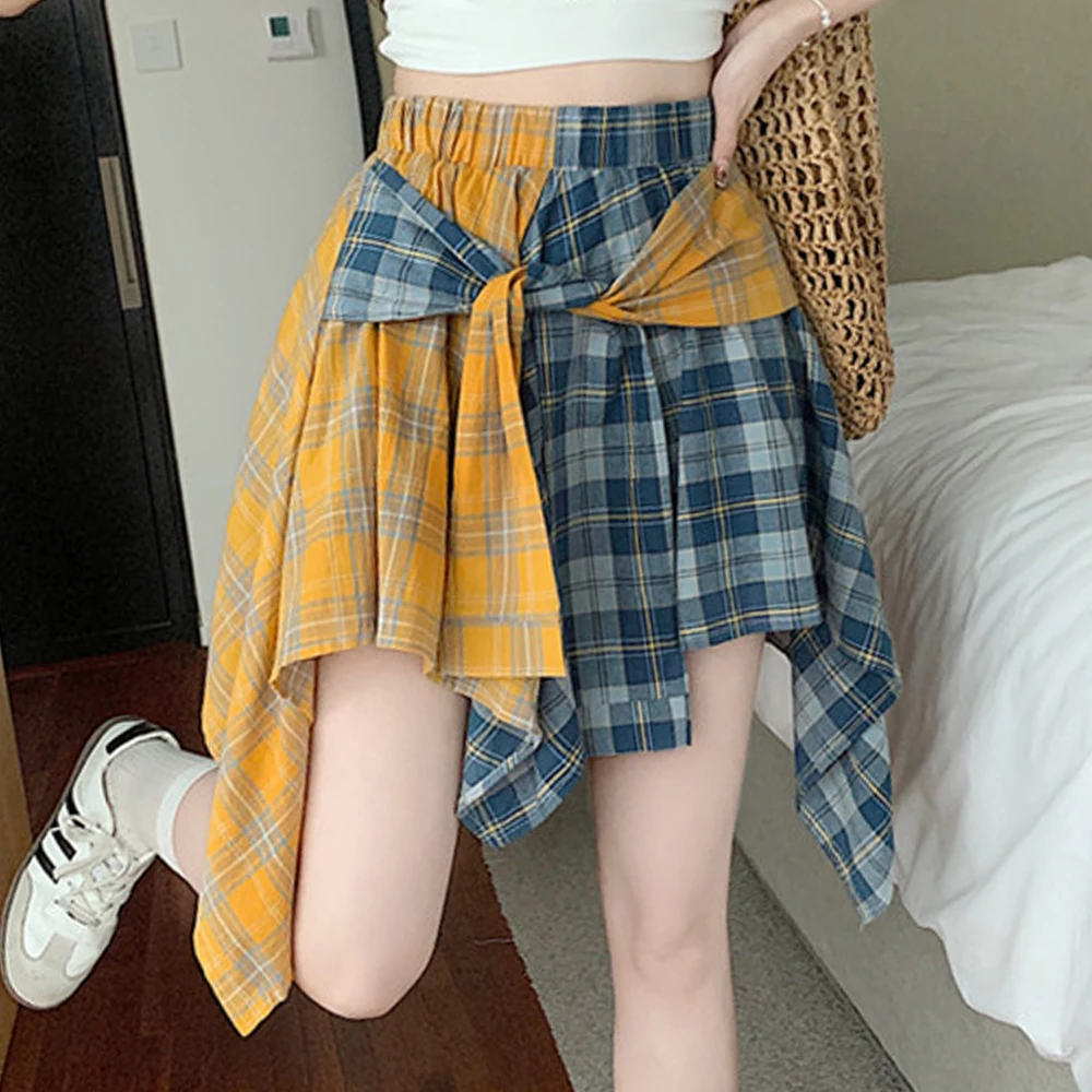 Patchword Plaid Skirt Two-Tone Shirt Checked Mini Skirt for Women Teen-girl Y2K Japan Harajuku Grunge Outfit