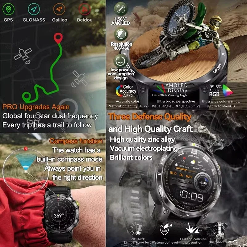 2025Nowe wojskowe profesjonalne zegarki GPS Smart Watch dla mężczyzn 1,5-calowy ekran HD Wodoodporna bransoletka BT Call Smartwatch dla Android IOS