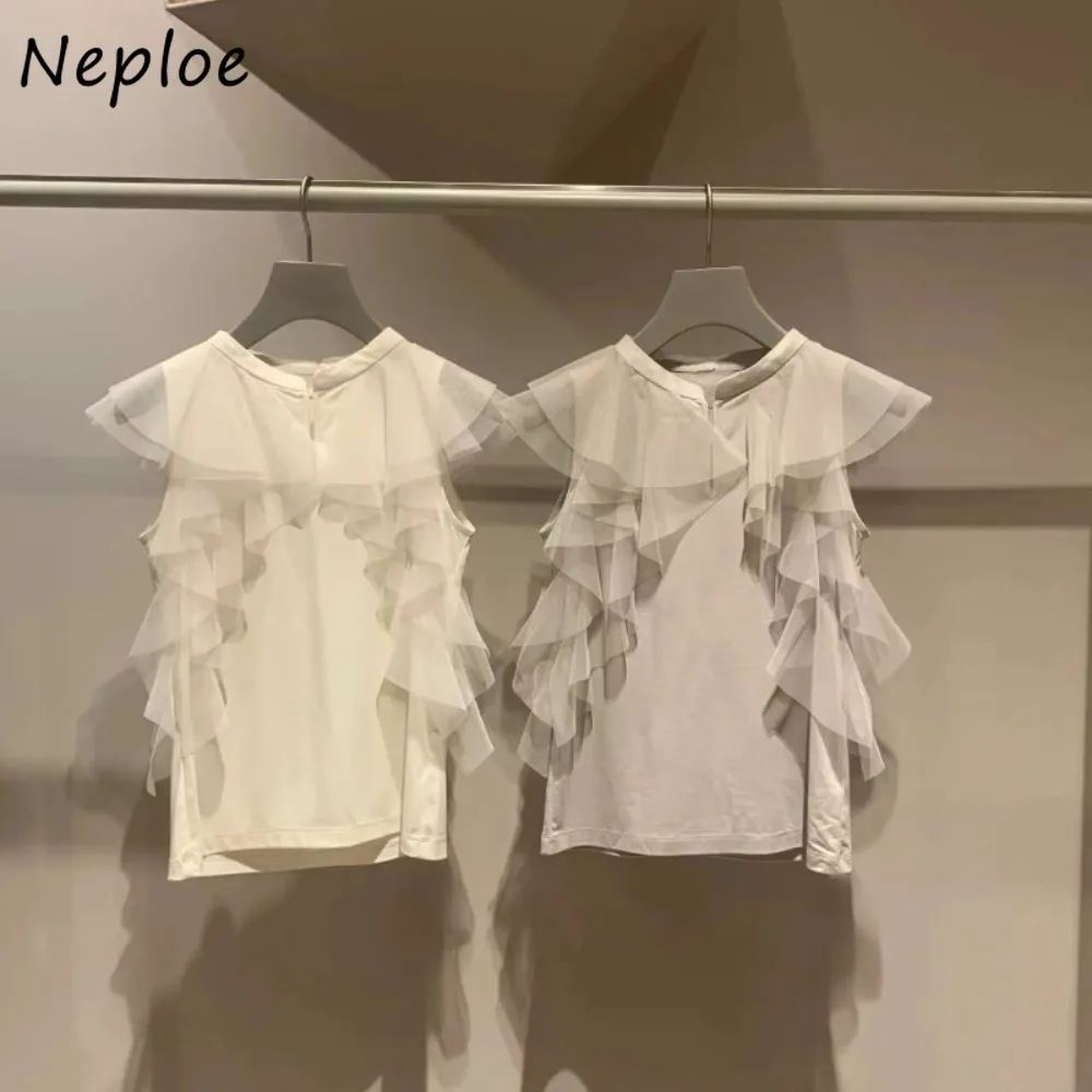 Neploe Summer New Stand Collar Butterfly Sleeve Ropa Mujer All-match Sweet Elegant Ruffles Shirt Japan Fresh Voile Chiffon Top