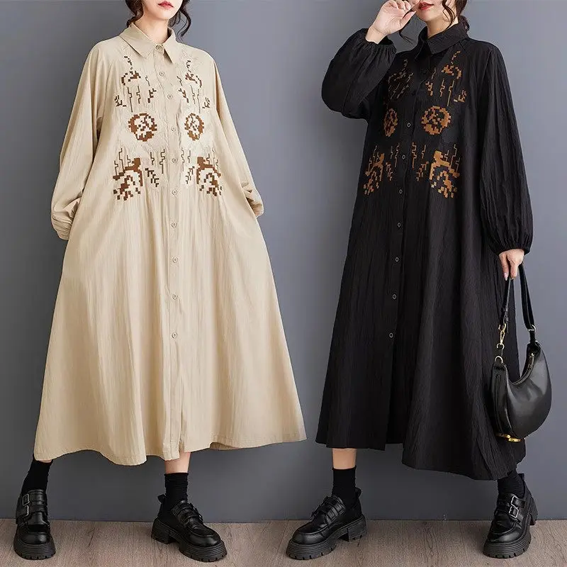 

Large Size Women's Clothing 2024 Autumn New Item Loose Splicing Casual Simple Printing Sweet Long Sleeved Shirt Dress k2727