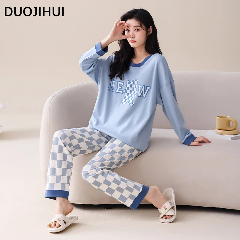 DUOJIHUI-Conjunto de pijama com letra simples para mulheres, pulôver com gola O, sutiã Chino, calça xadrez casual básica, moda feminina, novo