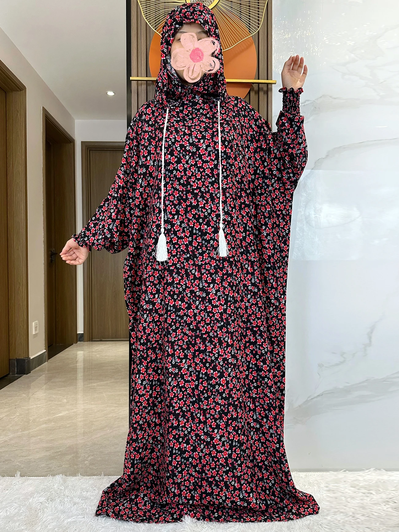 2024 Ramadan Niqab Khimar Muslim Floral Cotton Abaya Dubai Turkey Islam Prayer Clothes African Dresses Kaftan Robe Femme