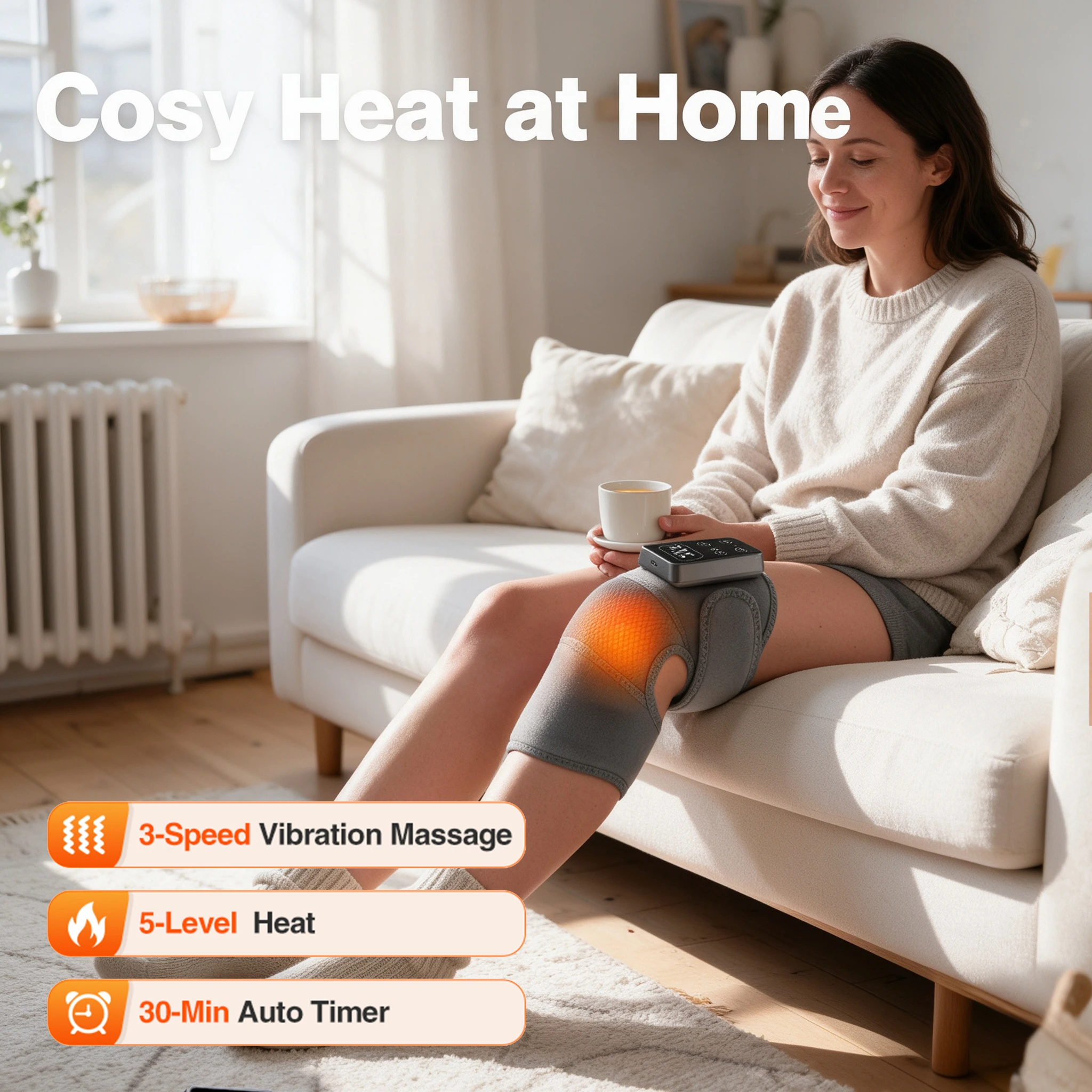 Heated Knee Massager with Vibration, Cordless Rechargeable Knee Warmer 3000mAh, 5 Heat Levels 113-149°F, 3 Massage Speeds, 30-Min Auto Off, 1 Pc Grey Brace with 23.6 in Extension Strap and USB-C Cable, for Ski, Gym, Cold Desk Work, Gift for Men and Women