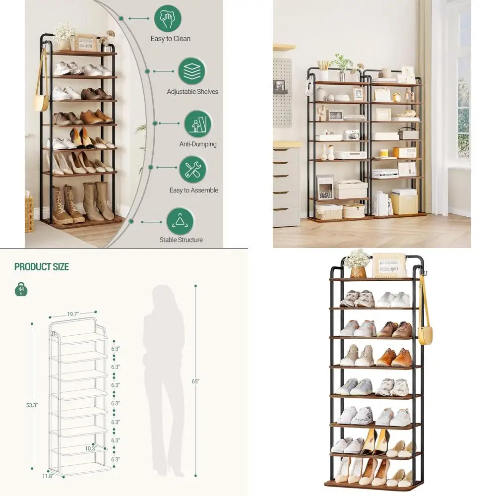 

Vertical 8-Tier Shoe Organizer with Hooks, Space-Saving Corner Rack for Small Spaces in Rustic Brown