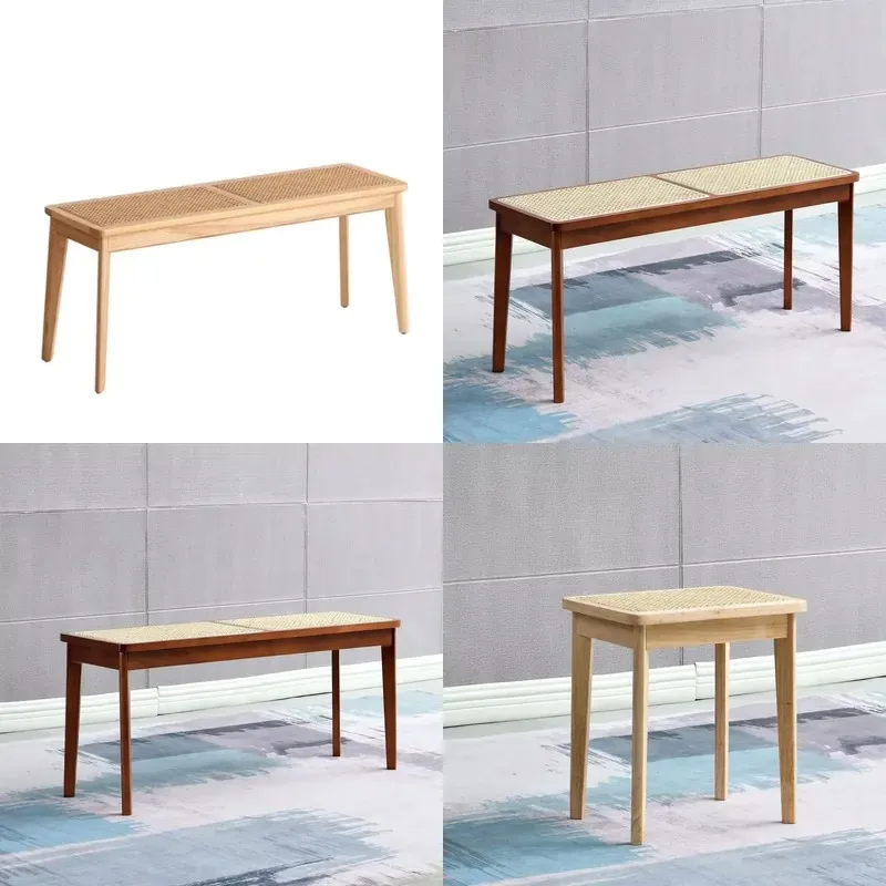 Nordic Style Solid Wood Bench Real Rattan Stool Retro Bedroom Bedside Shoe Changing Stool Dining Room Chair Home Furniture