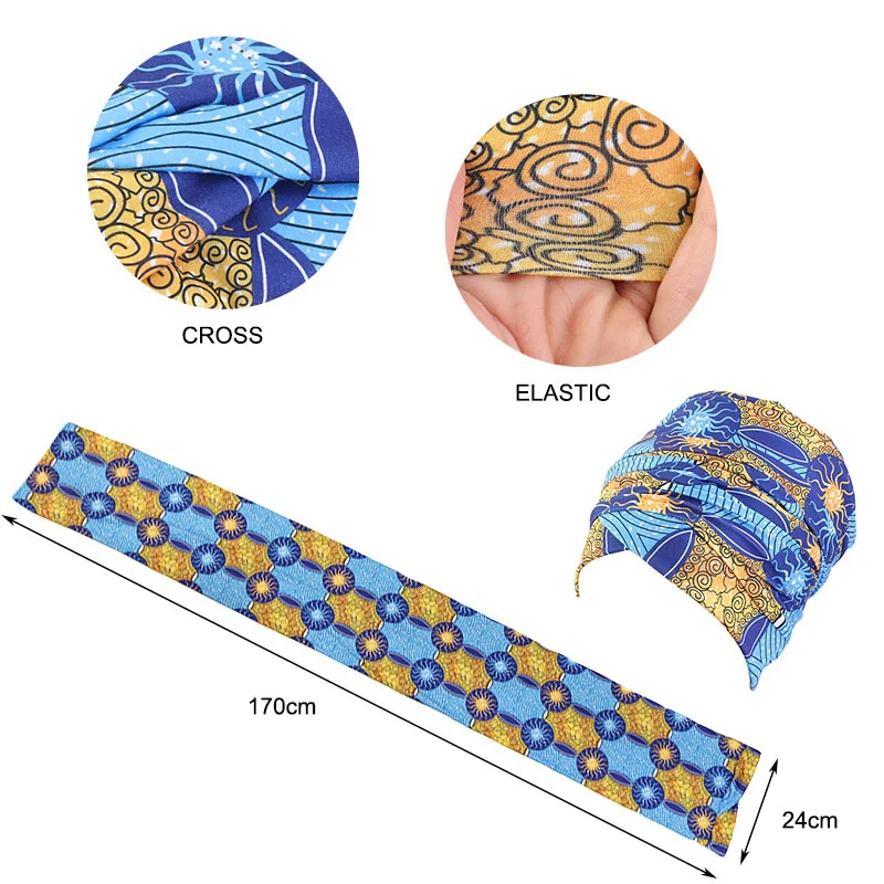 Women Multi-color Usage Turban African printing long Head Wrap headscarf Geometric Design head scarf  Bandanas Hair Accessories