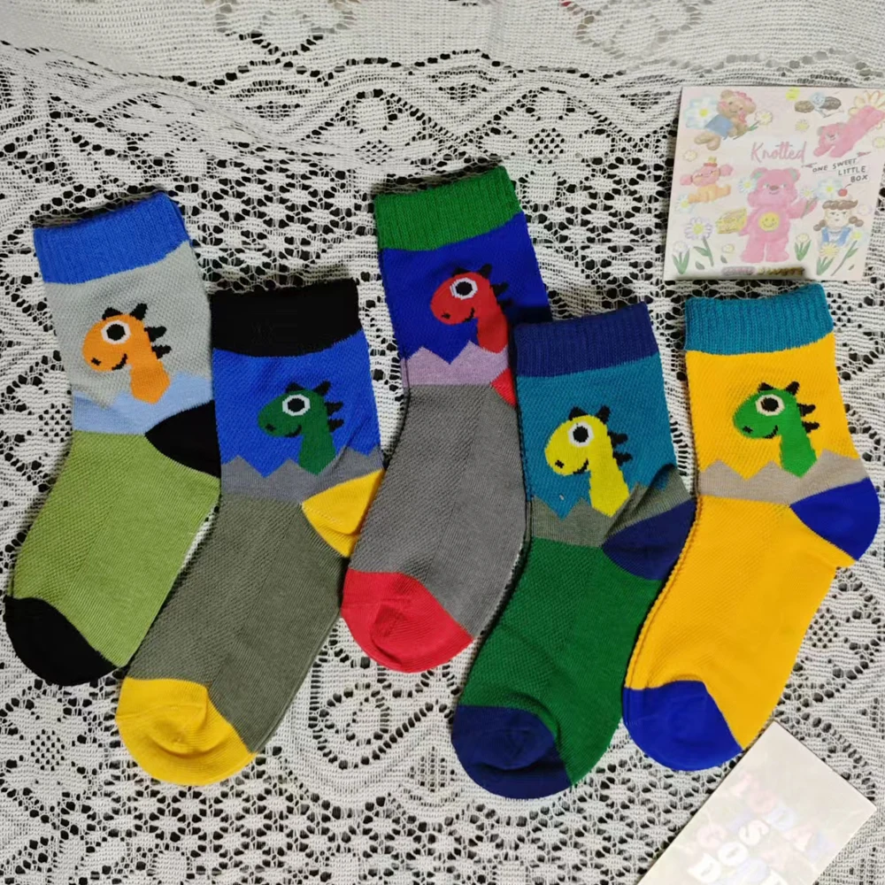 5Pairs/Lot Kids Socks Spring Summer Mesh Boys Cartoon Dinosaur Crew Socks Thin Breathable