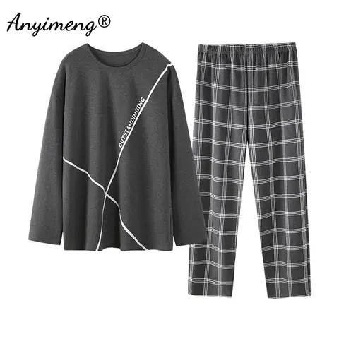 봄 가을 남자를위한 새로운 코튼 긴 소매 잠옷 빅 사이즈 풀오버 Homewear L-4XL 남자 잠옷 세트 미니멀리스트 소년 Loungewear