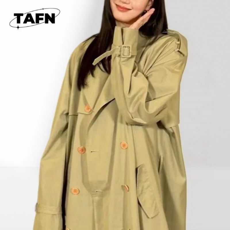 Cotton Women Oversized Long Trench Coat Notched Lapel Breasted Epaulet Shoulder Belted Waist Outerwear BH1960