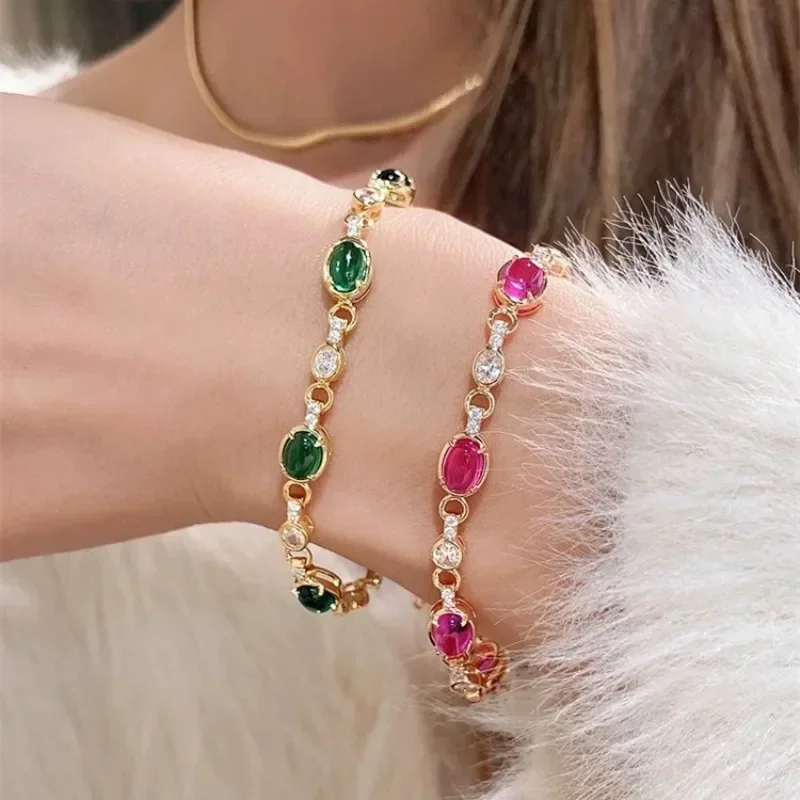 

Originality Showy Vintage Green Bracelet for Women Shiny Pink Crystal High Quality Bangles Engagement Wedding Jewelry Gift