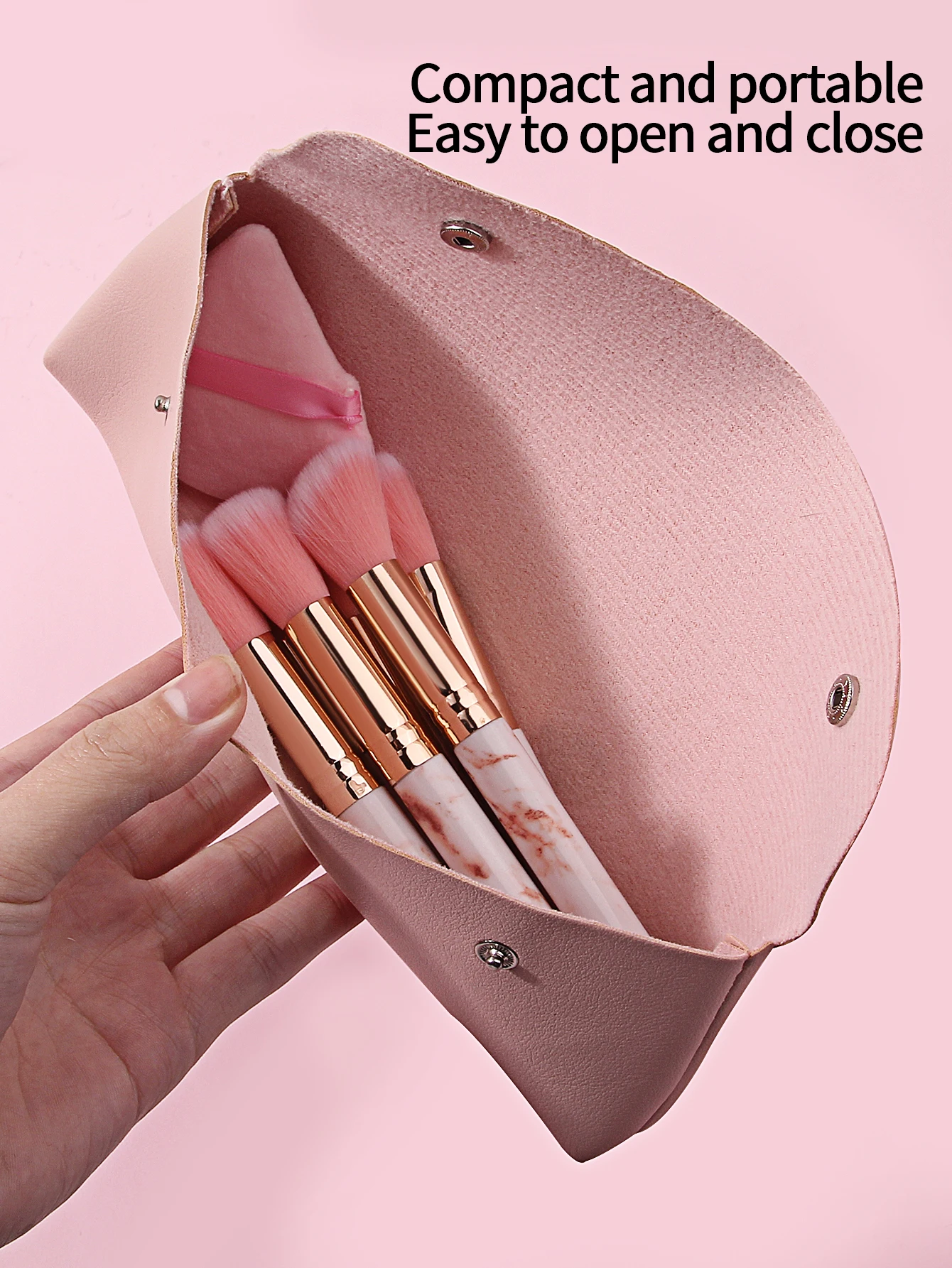 14PCS pink set with 10 marble makeup brushes +3pcs setting triangle powder puff +1pcs double button makeup brush storage bag