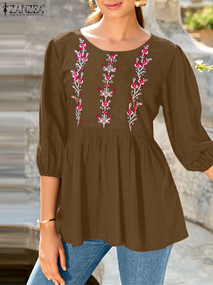 ZANZEA Urlaub 2024 Herbst Rüschen Tuniken Frauen Stickerei Blusen Casual Puff 3/4 Hülse Blusas Elegante Oansatz Tasten Top