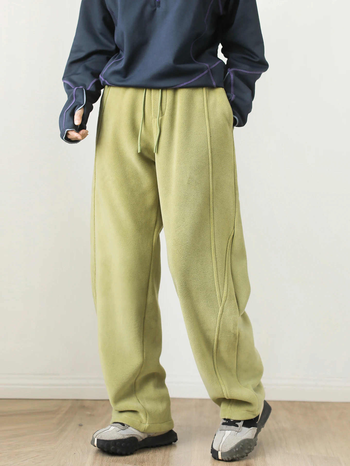 Loose Straight Leg Fleece Lined Joggers Couples Casual Pants Comfortable Warm Polyester Spandex Blend Non Stretch Workwear