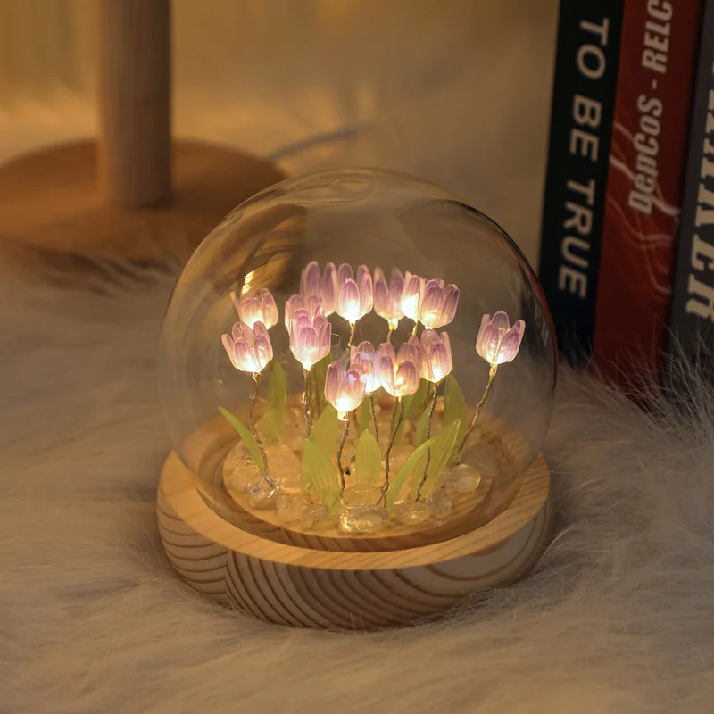 Artificial Tulip Flower Night Light Handmade DIY Bedside Lamp LED Night Lamp Bedroom Decor Christmas Birthday Gifts Table Lamp