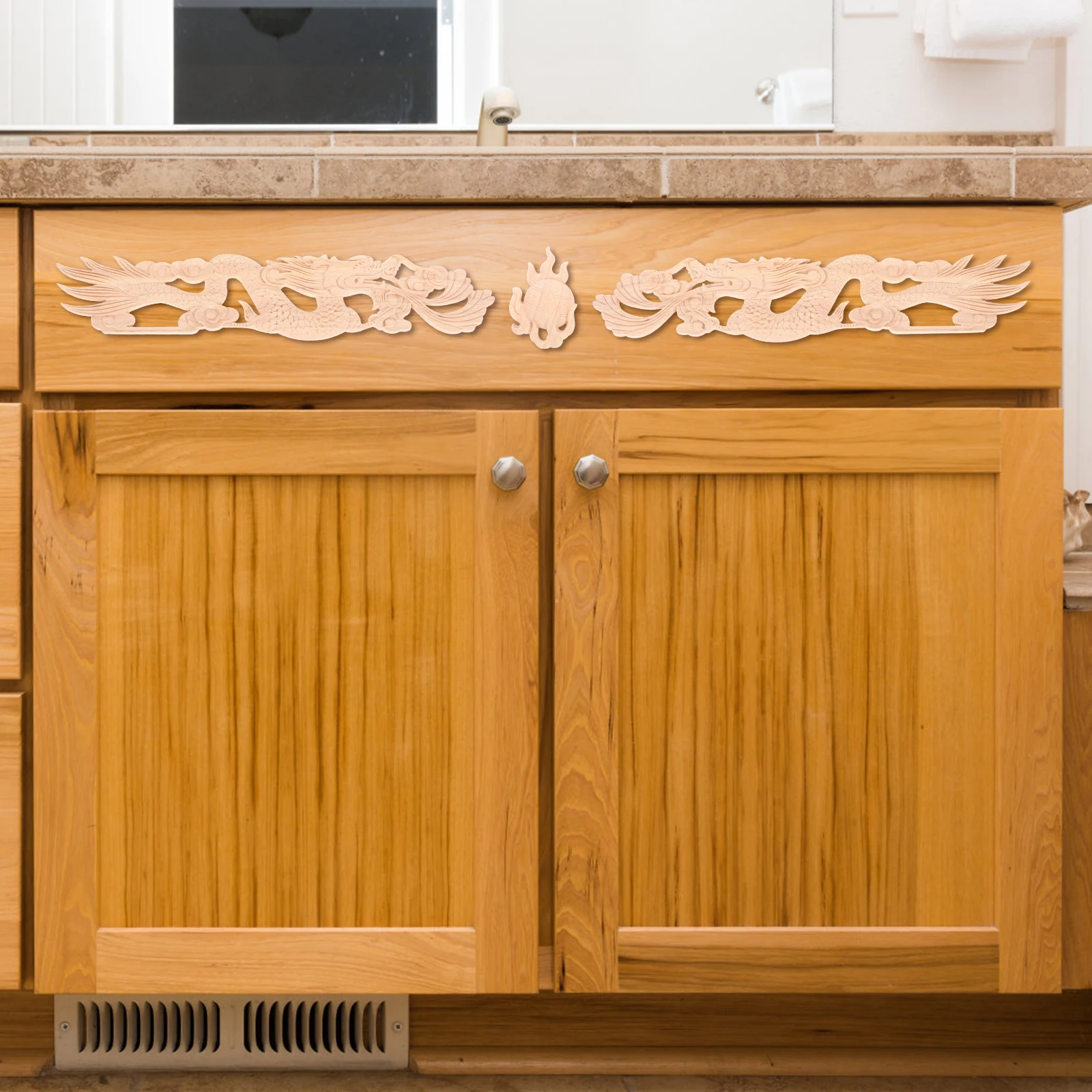 

2Pcs Wood Carved Applique Dragon Playing with Pearl Design for Furniture Cabinet Door Decor Vintage Style Home Decoration