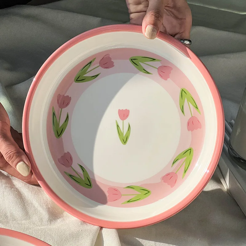 Pink Tulip Ceramic Tableware Set Ins Dishes and Bowls Household Underglaze Colored Girl Heart High Beauty Plate Spoon One Person