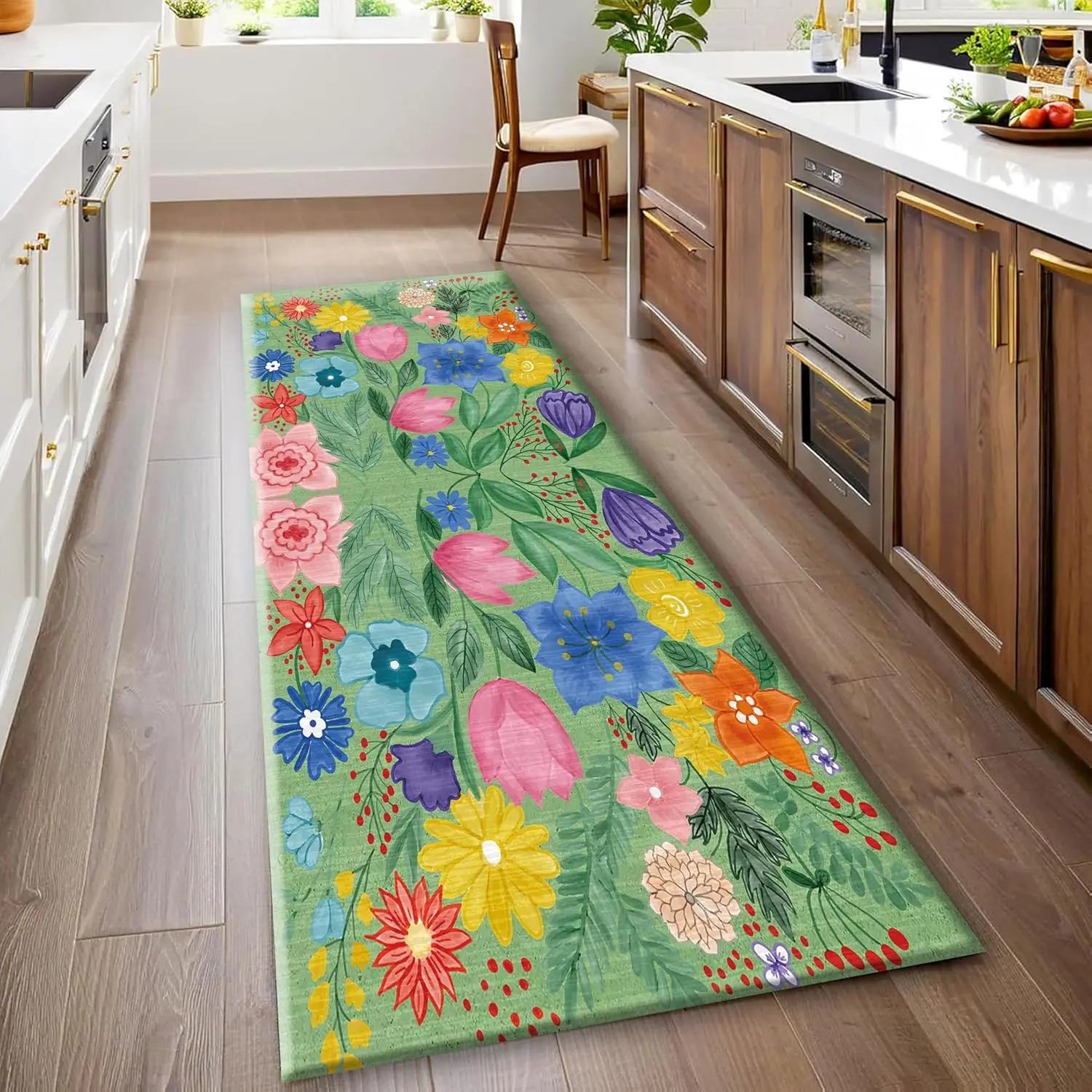 Spring Vintage Floral Hallway Entryway Runner Rug ,Soft Machine Washable Kitchen Mat,Multicolored Floral Anti-Slip Carpet for