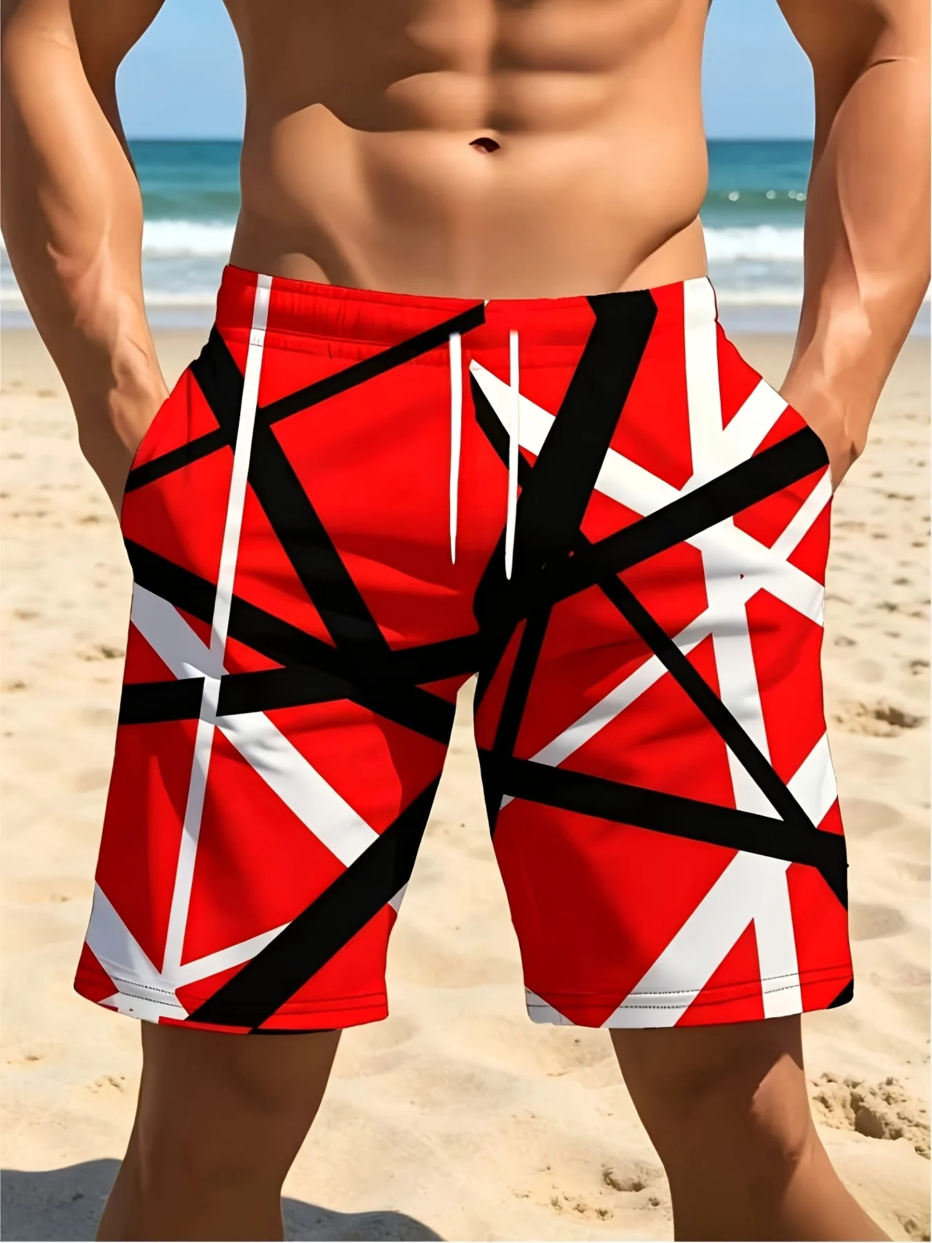 Schnelltrocknende Badeshorts für Herren, Rot-Schwarz-Weiß, abstrakter geometrischer Linien-Print, Strandshorts mit Kordelzug und Taschen – Detail 5