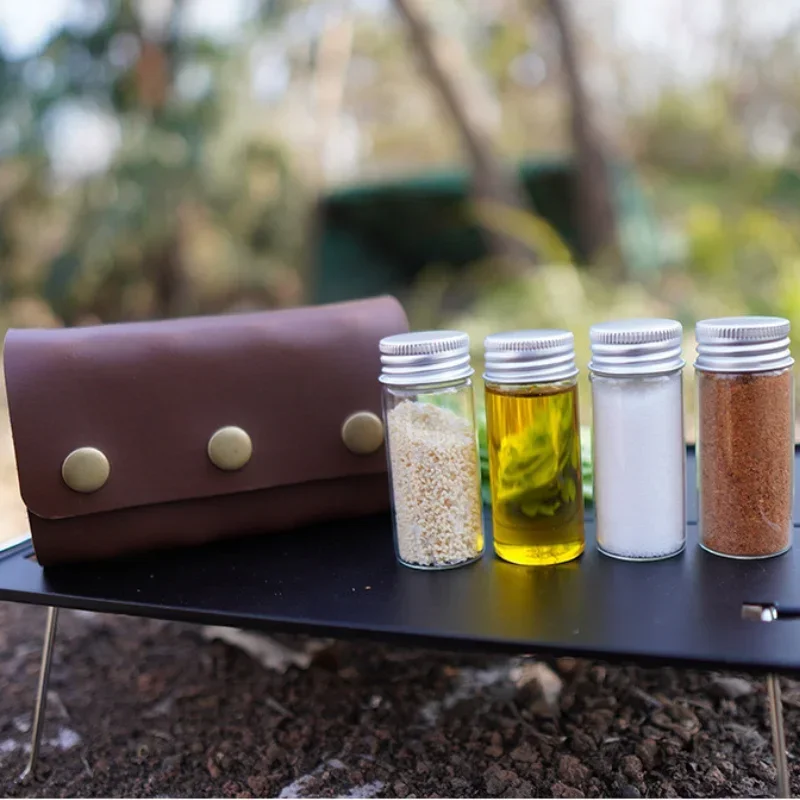 Spice Box Set Leather Glass Bottle Portable Barbecue Oil Bottle Camping Cookware Spice Bottle Outdoor Cooking Tool Picnics