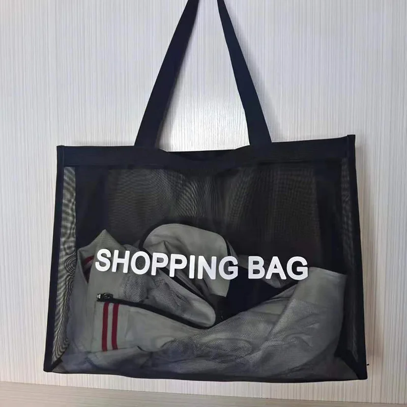 Bolsa de compras de malla de nailon transparente con logotipo personalizado, bolso de mano de un hombro, gran capacidad, transpirable, playa, viaje