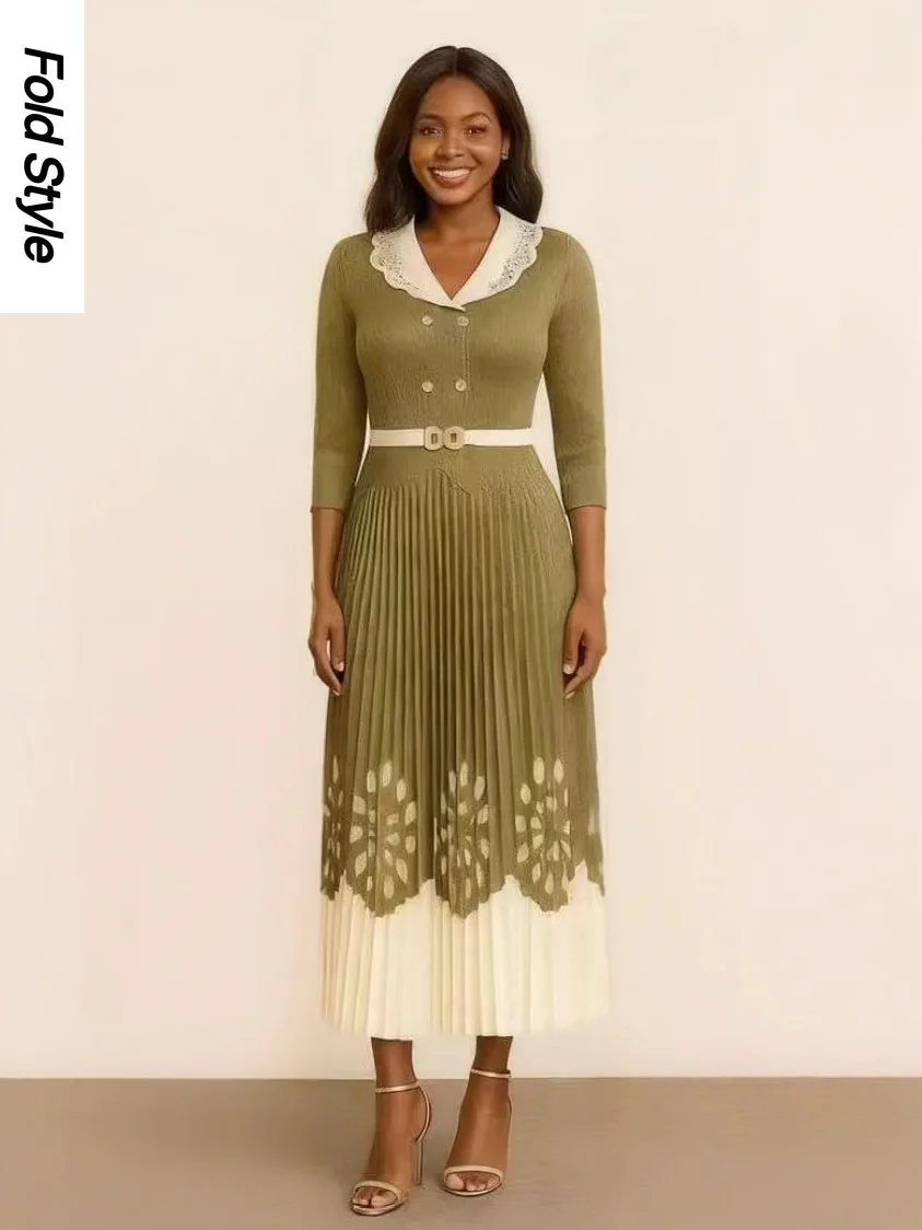 

2025 Autumn New Miyake Pleated Loose Women's Clothing High-end Temperament Splicing Pleated Waist Dress