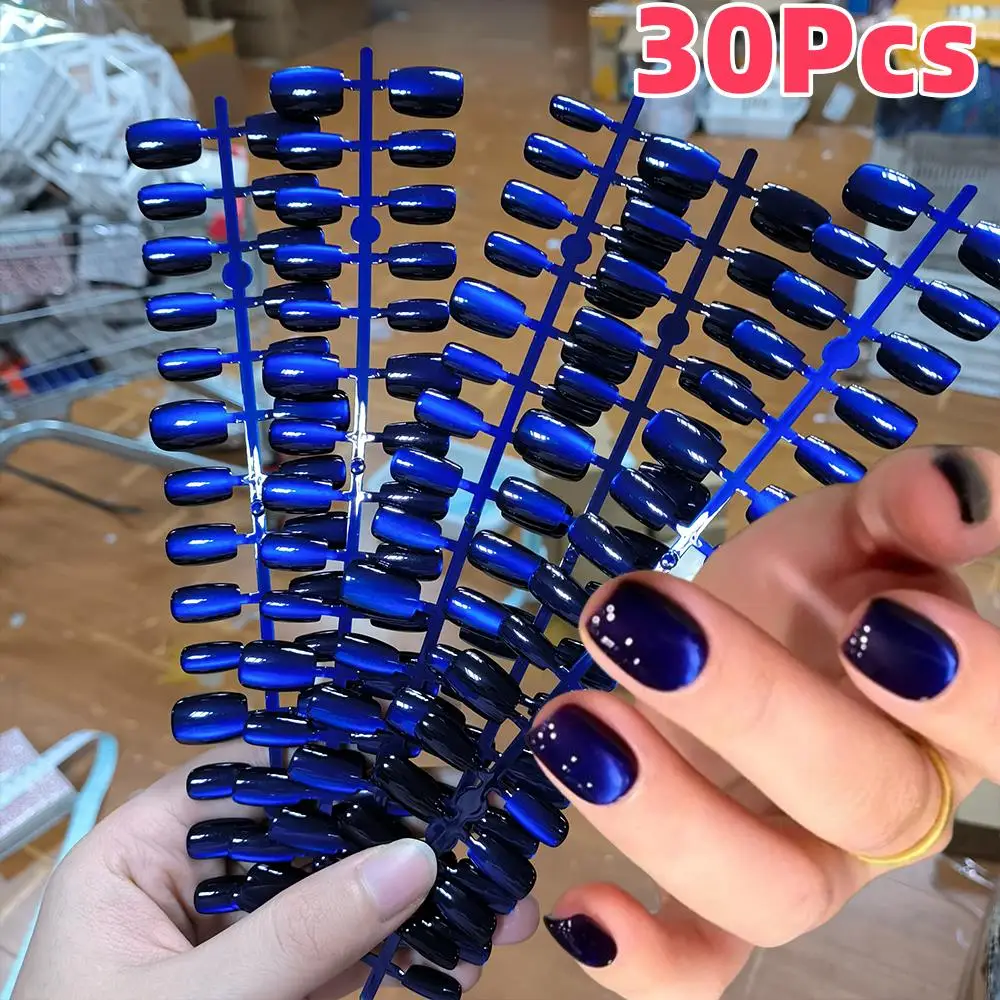 30Pcs Sapphire Blue Cat Eye Fake Nails Short Square Press On Nails Full Cover False Nails Tips for Chic Ladies Fake Fingertips T