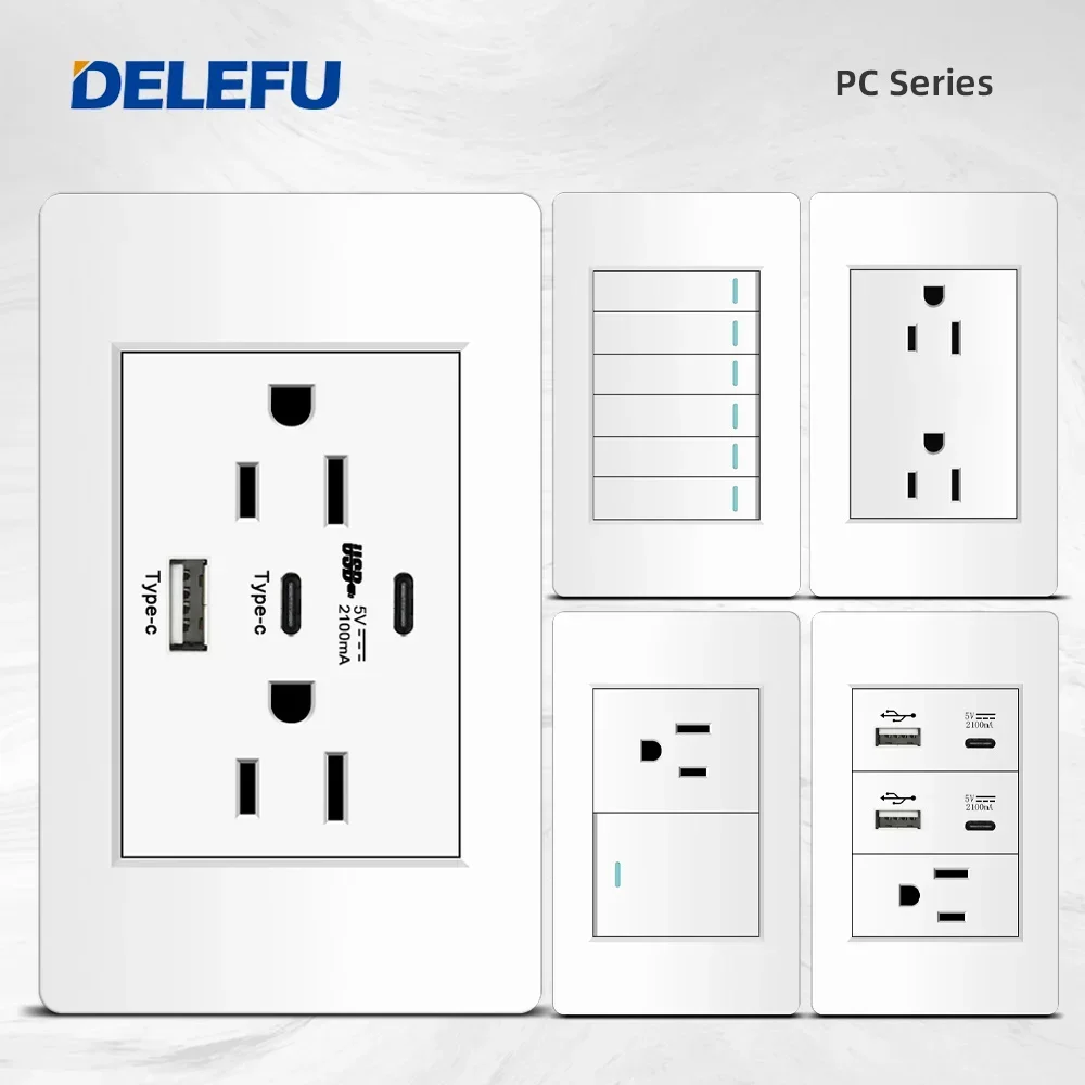 DELEFU White Flame retardant PC panel Mexico Standard Type C America Outlet Plug 118*72mm Wall Socket Light Switch Fast Charge