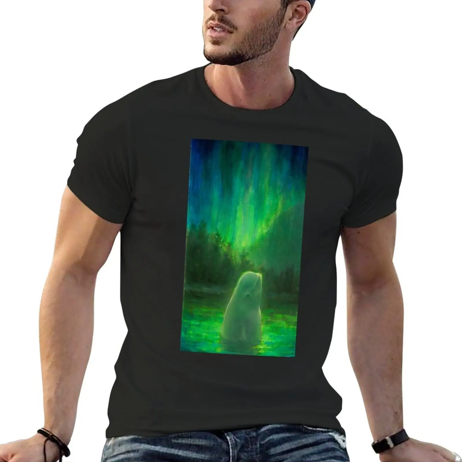 Aurora Beluga - White Whale Northern lights Painting T-Shirt t shirt man quick drying shirt fitted t shirts for men