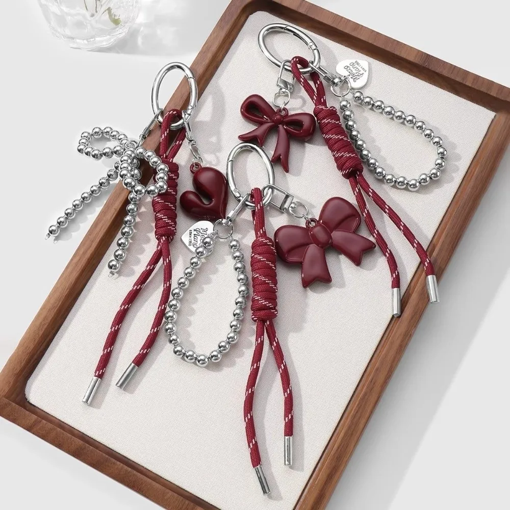 

New Red Bow Bag Charm Silver Bead Bead Chain Handmade Woven Rope Keychain Bowknot Keychain Women Gifts