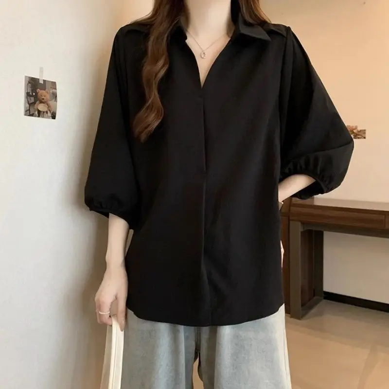 Women Summer Simplicity Fashion Loose Solid Color Turn-down Collar 3/4 Sleeve Shirts Women Clothes Casual All-match Elegant Tops