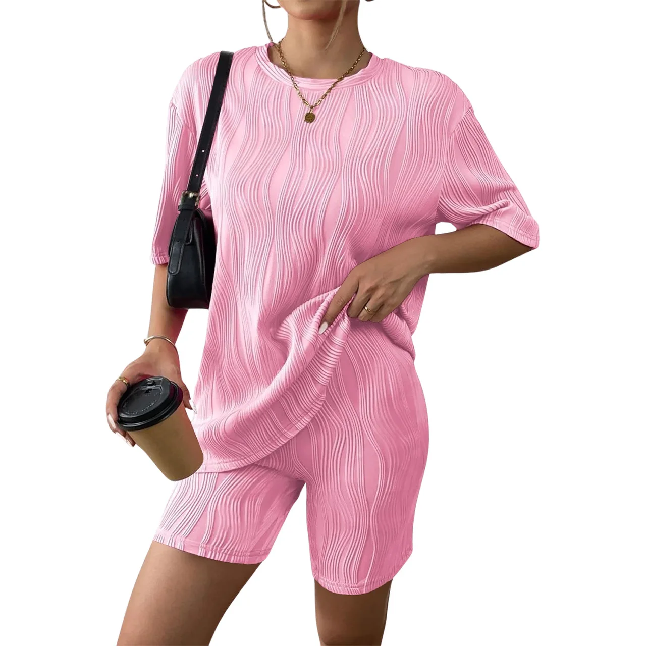 Summer T Shirt Round Neck shorts with Half Sleeves Loose Wavy Pattern Casual Two-piece Suit Solid Leisure Women Biker Shorts Set