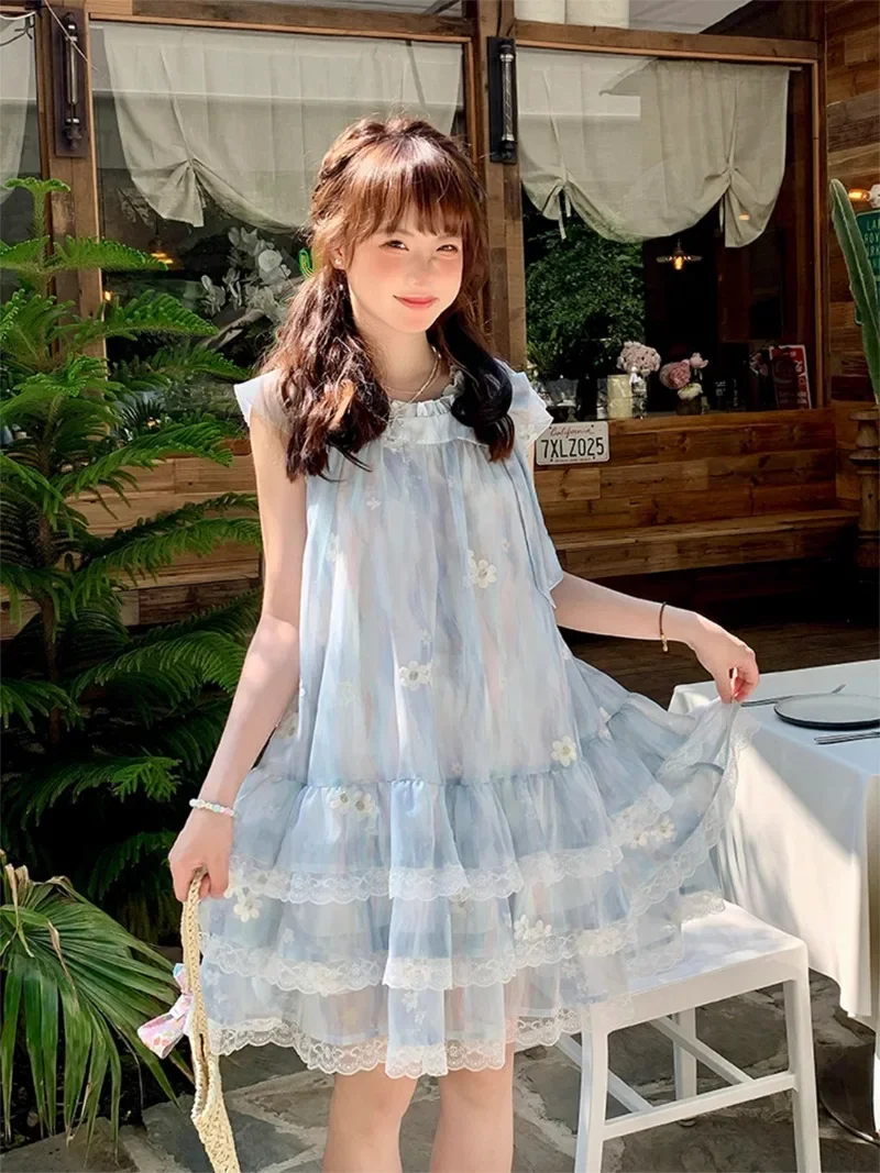 2024 Summer New Blue Wave Flower Print Short Sleeve Light Breathable Dress For Girls