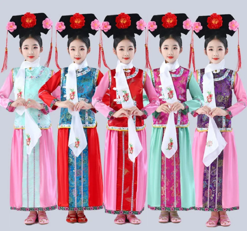 Halloween Clothes Chinese Girls Qing Dynasty Manchu Princess Ancient Costume Children Traditional  Performance Costume