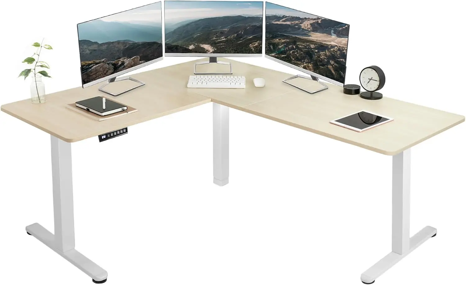 Height adjustable 63 x 55 inch angled upright office desk, light wood tabletop, white frame, L-shaped upright workstation