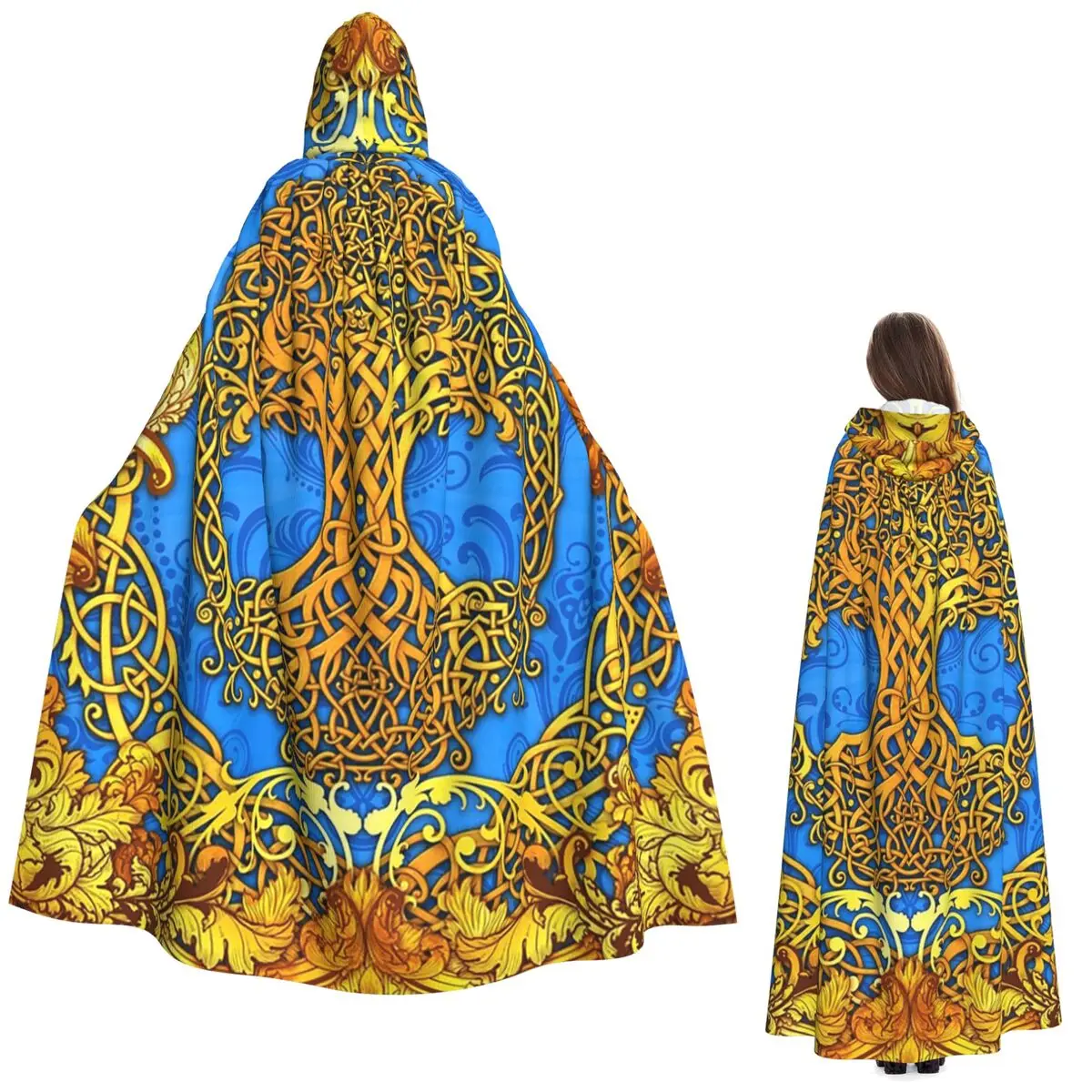 

Celtic Tree Of Life Cyan And Gold Long Hooded Cloak Witch Medieval Costume Cosplay Cape HalloweenCoat Adult Unisex