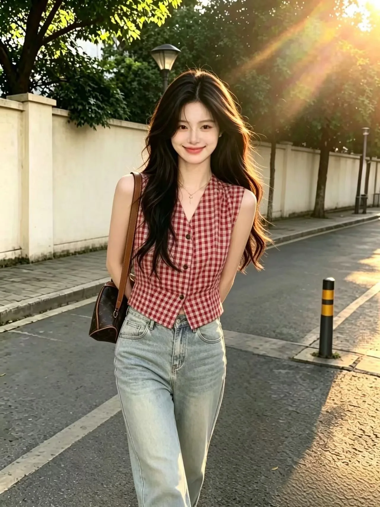 

Summer 2026 Women's Plaid Shirt V-neck Waist-cinching Sleeveless Classic Preppy Style Fashionable Trendy Design Slim Fit Top