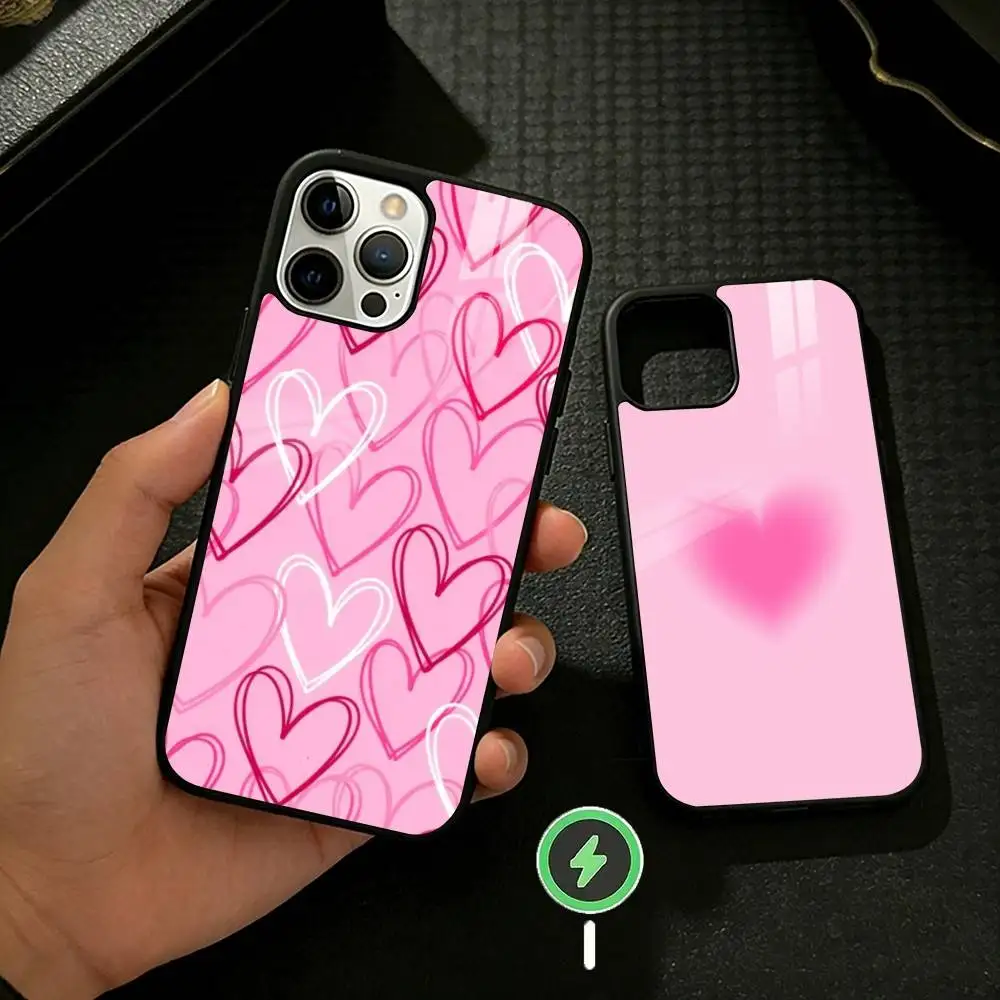 Cute Love pink Phone Case For iPhone 17/16/15/14/13/12/Plus/Pro/Max for Magnetic Wireless Charging
