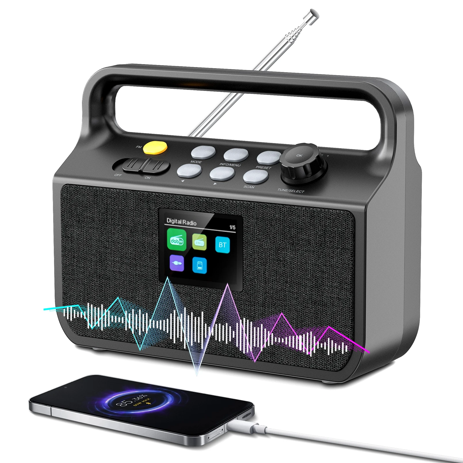 DAB+/DAB/FM Digitalradio mit 20.000 mAh Akku, Bluetooth 5.3, 2,4" Farbdisplay, 80 Senderspeichern; unterstützt TF-Karte/Alarm/Schlaf-Timer/3,5mm AUX-Eingang – für Küche, Camping, Garten