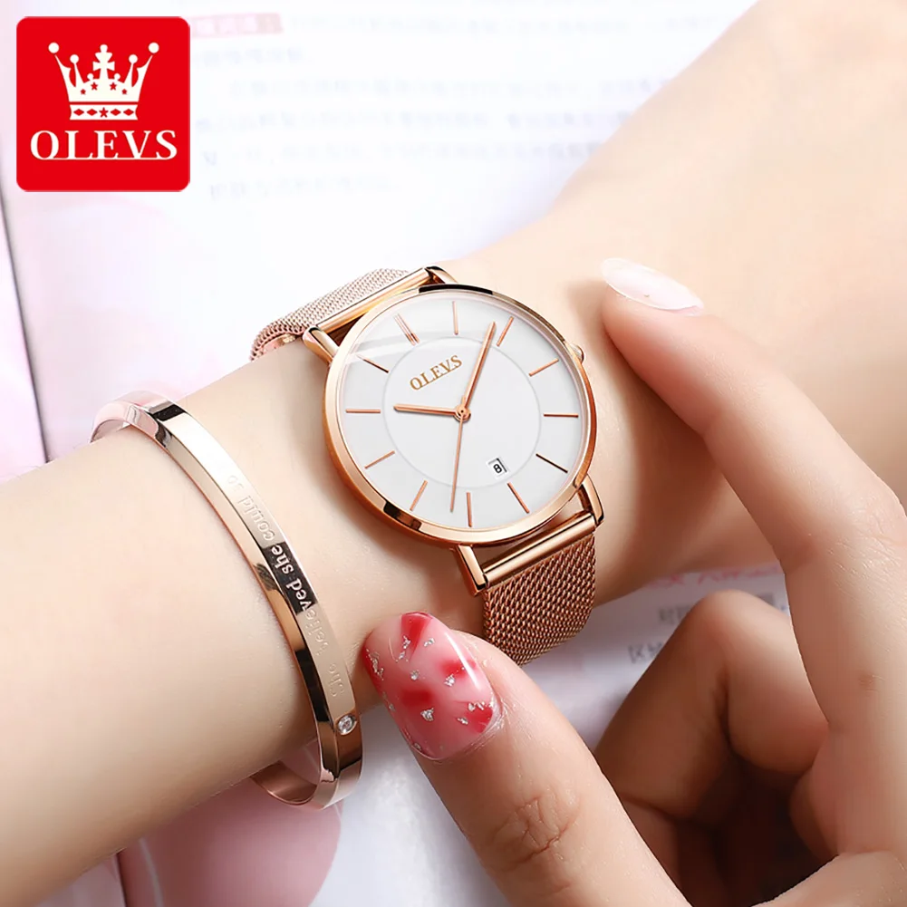 OLEVS Ultra thin Dial 6.5mm Women\'s Watches Japanese Movement Wristwatch Stainless Steel Mesh Strap Ladies Watch Luxury Brand