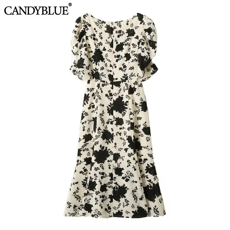 Beige Floral Printing French Square Collar Puff Short Sleeve Women's Dress 2022 Elegant Vintage Mid-Calf Dresses For Women