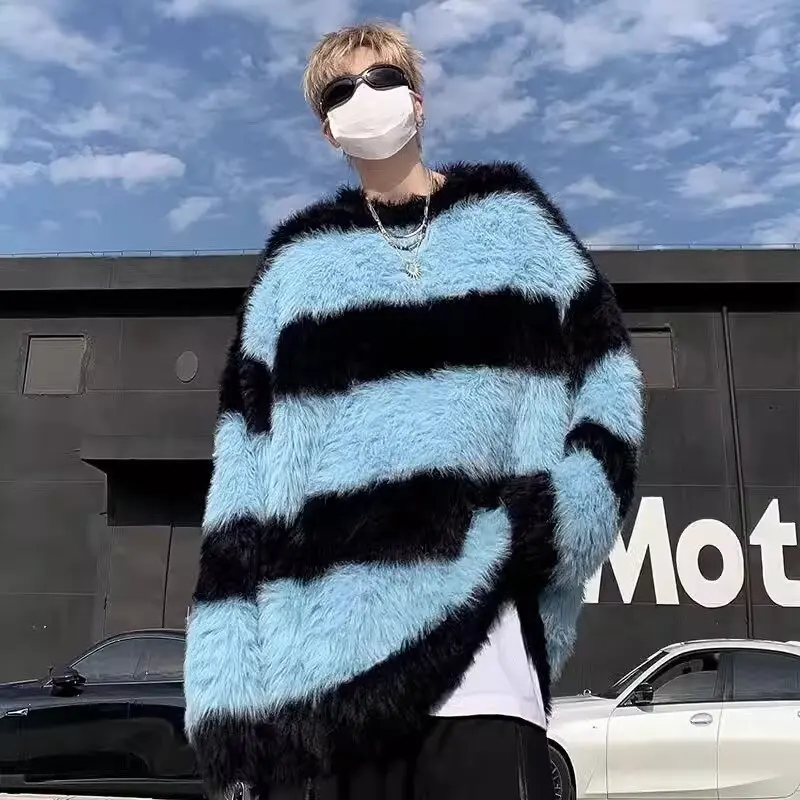 Retro Outerwear Trendy Brand European & American Street Colorblock Patchwork Crewneck Sweater Mink-Like High-End Knitwear