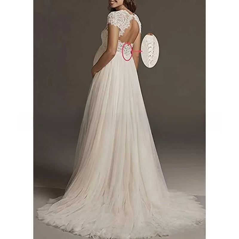 Robe de mariée en dentelle blanche, taille haute, grande taille, pour femmes enceintes, petit Train, t-shirt en Fiber d'acétate, ort Sve