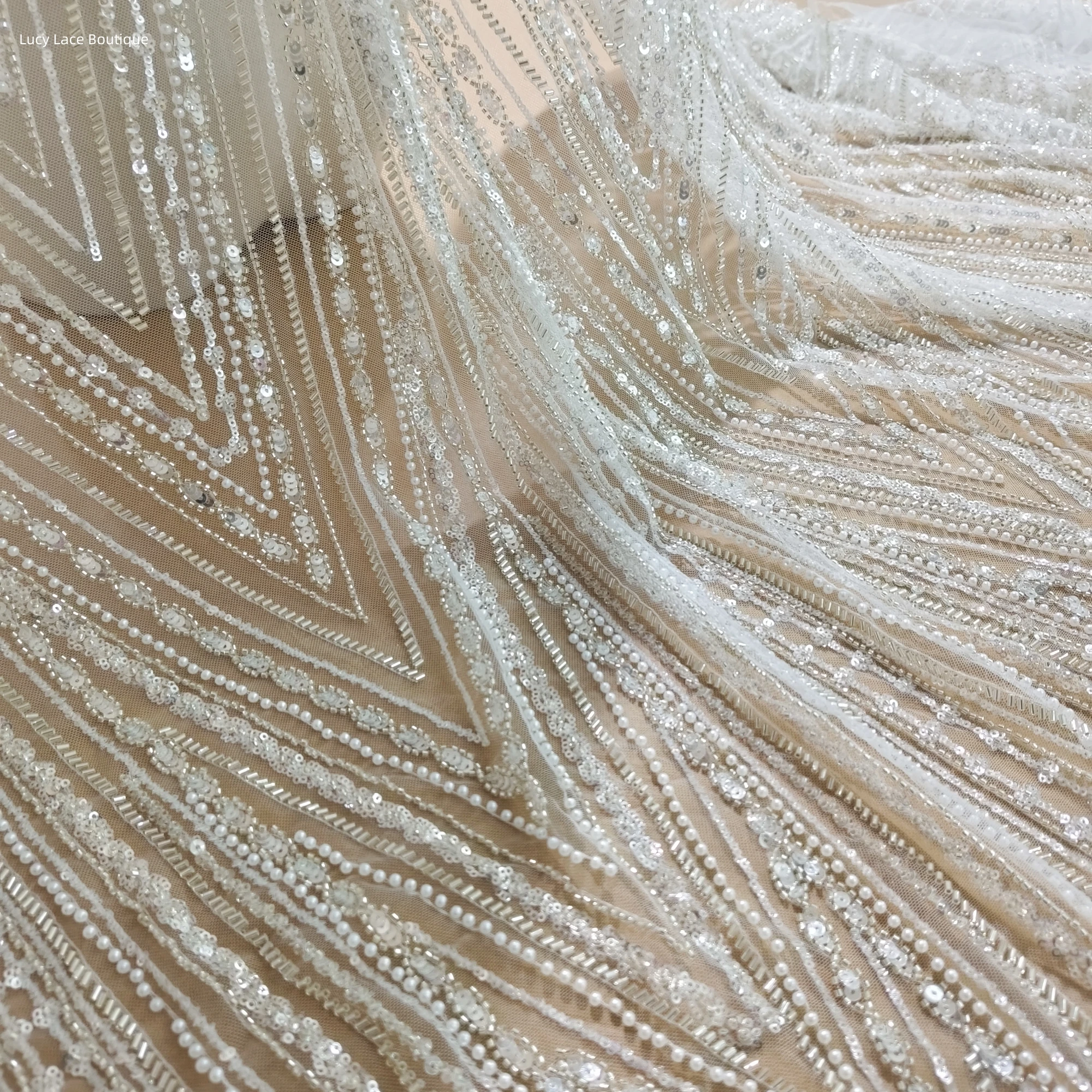 

Silver Color Pearls Beads Beading Lace Fabric Tulle Lady Gowns Dress Making Sewing Material Luxury 130CM Wide