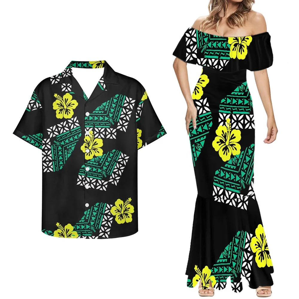 Preto polinésia padrão tribal vestidos femininos e camisas masculinas 2 pçs hibisco plus size roupas femininas 8xl verão casais roupas