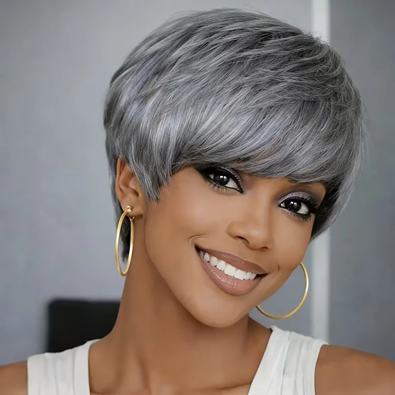 Pixie Cut Grey Wig with Bangs for Daily Wear