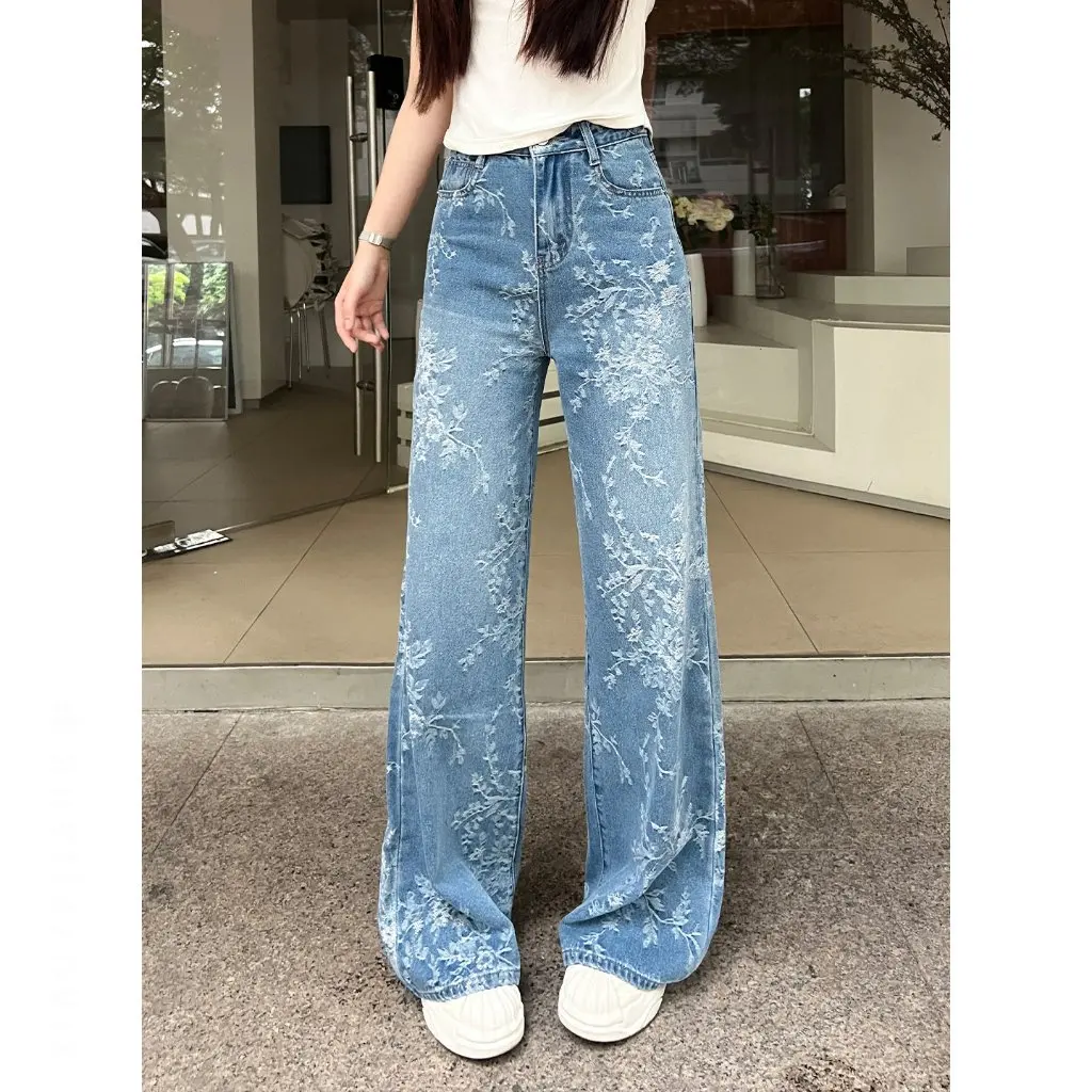 レディース ハイウエスト スリム ストレート ジャカード ジーンズ ナロー ワイドレッグパンツ 秋向けスタイリッシュな薄手デザイン