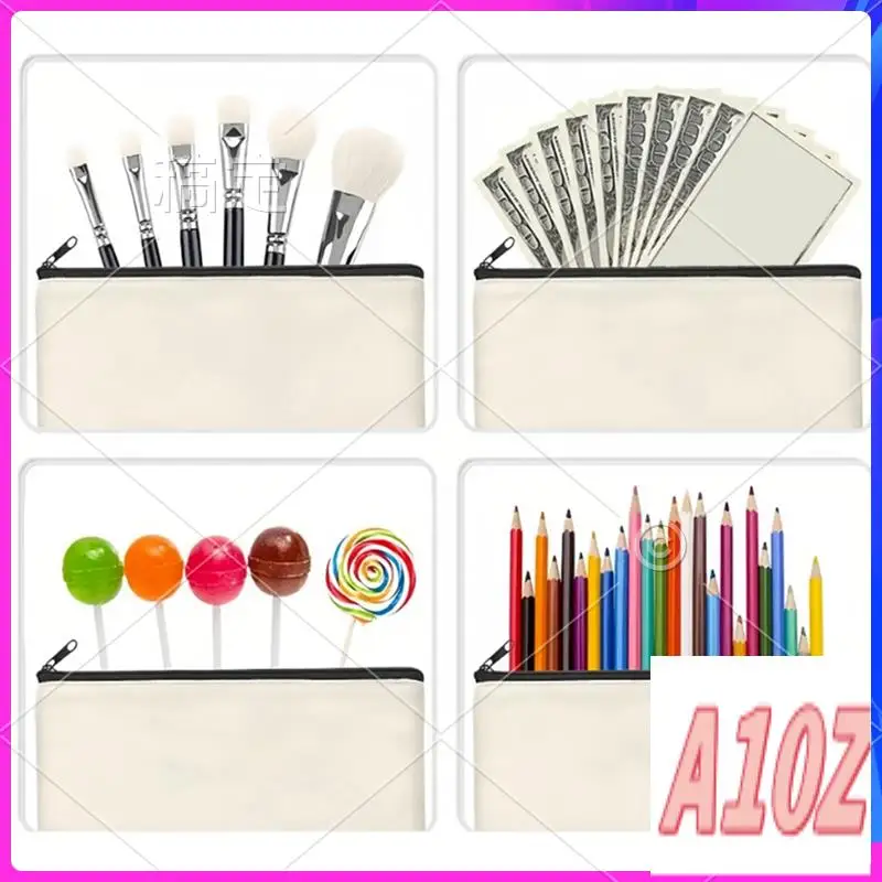 

0Z-10 Piece Pencil Pouch, DIY Craft Zipper Bags Beige Canvas Blank Makeup Bags Multifunctional Pouches