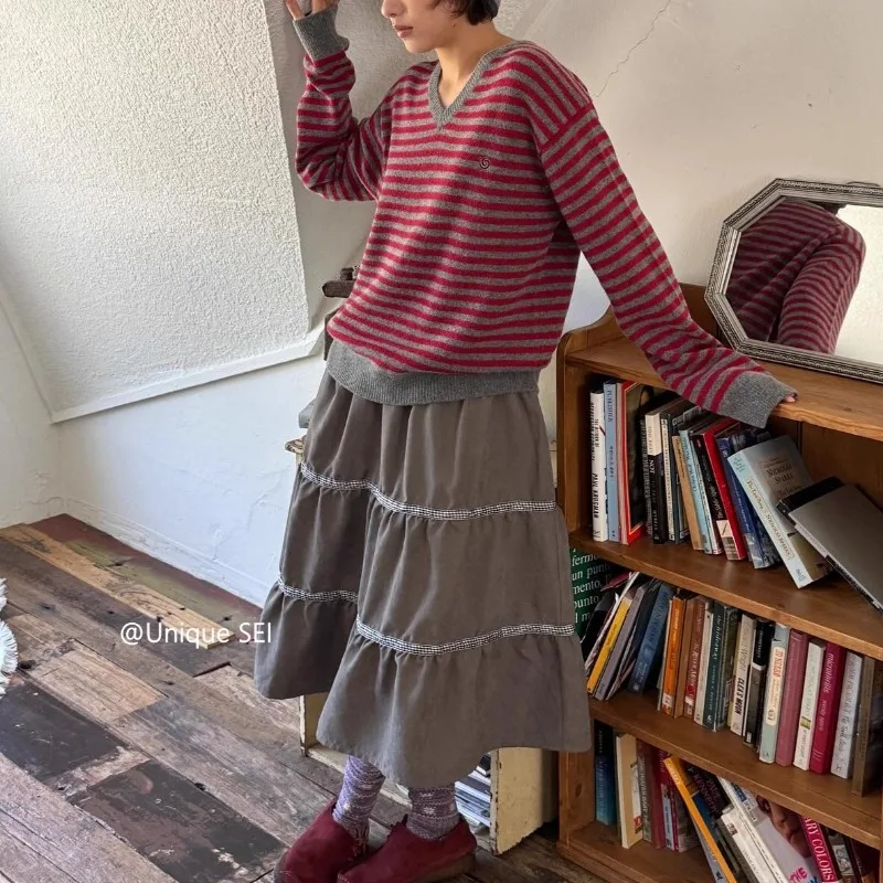 Streetwear Contrast Color Patchwork Loose A-line Skirt Women 2025 Autumn High Waist All-match Pleated Casual Mid-length Skirt