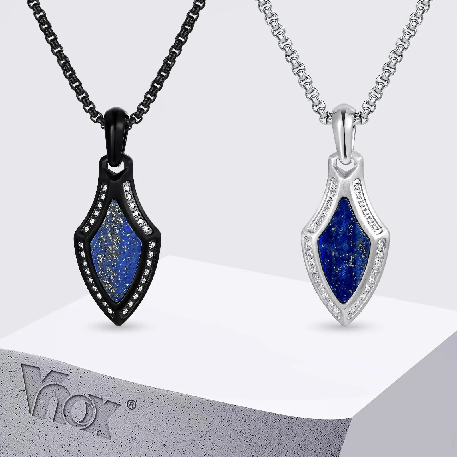 

Vnox Stylish Fully Sandblasted Stainless Steel Lapis Lazuli Small Shield Pendant Necklaces with White Zircon Stones‌ Jewelry New